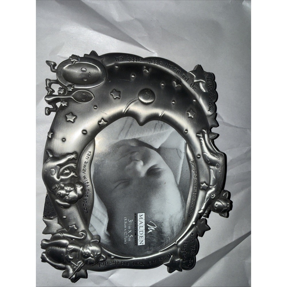 Silver Tone  Photo Frame COW JUMPS OVER THE MOON Frame  3.5X5"  Celestial Moon
